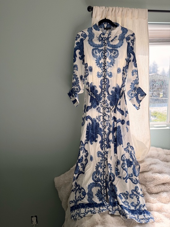 1. State Dresses & Skirts - 1. State Blue and White Printed Maxi Shirt Dress